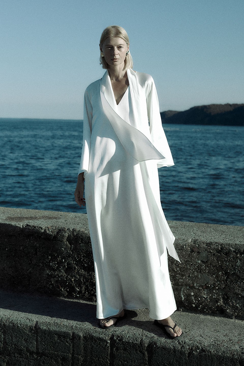 White silk dress with a scarf